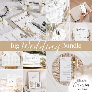 Dried Wildflower Printable Wedding Stationery Bundle | Ceremony Signs and Table Cards Canva Templates