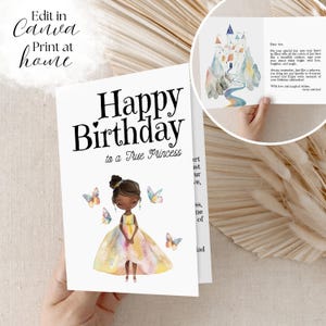 Modelo de cartão de aniversário de princesa arco-íris - Cartão Canva editável faça você mesmo - Cartão dobrado 5x7 para imprimir em casa - Cartão de aniversário infantil - Feliz aniversário, menina