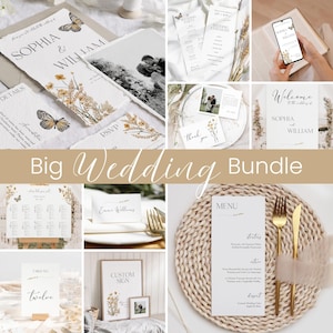 Paquete de papelería de boda imprimible con flores silvestres secas / Letreros para la ceremonia y tarjetas de mesa (plantillas de Canva)