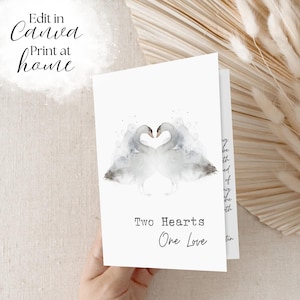DIY 編集可能な Canva 結婚お祝いカード | 愛のメッセージ付き折り畳みカード | デジタルダウンロード | 水彩画の白鳥をテーマにしたカード