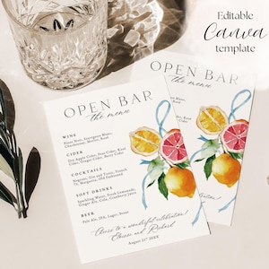 Modello Canva per menù elegante per matrimonio / Download digitale per matrimonio in spiaggia / La Dolce Vita / Estetica dei vecchi soldi / Menù cocktail modificabile 5x7