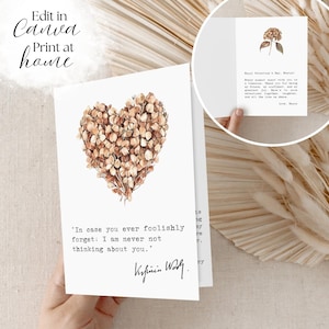 Tarjeta personalizada de Canva con cita de libro / Tarjeta plegable de 5x7 para imprimir en casa, editable y DIY / Carta de amor literaria / Cita de Virginia Woolf