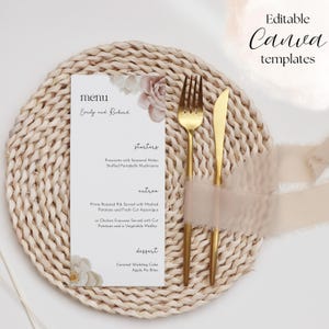 Boho Rose Wedding Table Menu | Rustic Wedding Menu Card Template | Editable Luxury Dinner and Brunch Canva Template