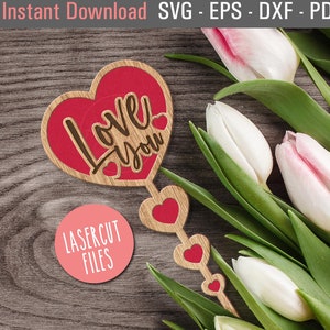 Je t'aime coeur pieu SVG, piquet cadeau de la Saint-Valentin, SVG coeur je t'aime, Saint-Valentin laser Svg, fichier laser double couche en bois, piquet de plante