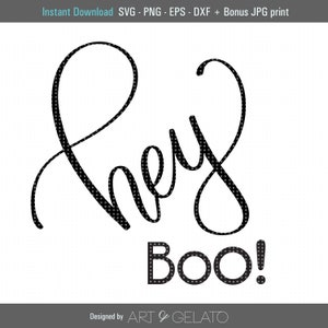 May include: Black and white graphic design with the text "hey BOO!" in a stylized font. The design is perfect for Halloween decorations or crafts.