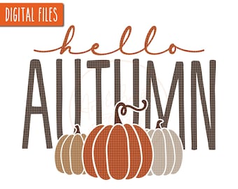 May include: A digital design featuring the text "hello autumn" in brown with three pumpkins in the center. The pumpkins are orange, brown, and beige with a textured pattern.