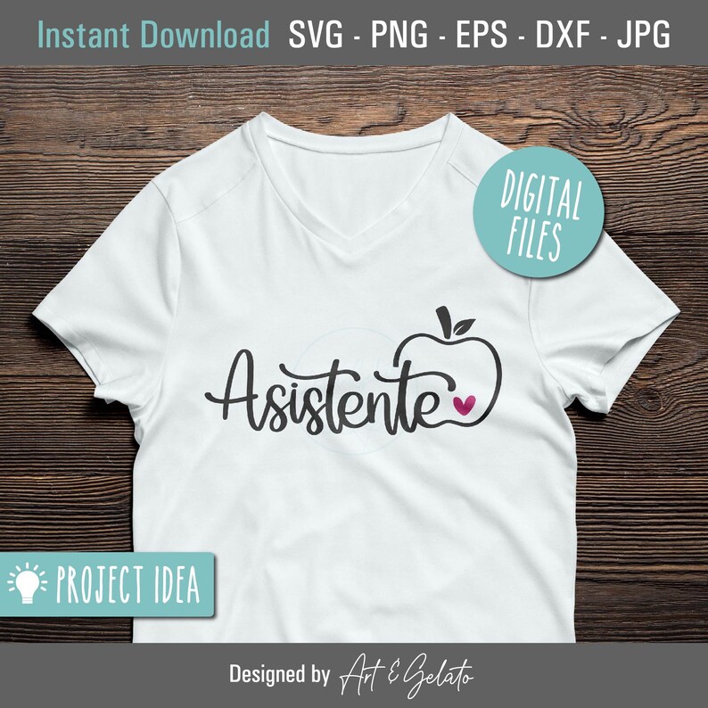 May include: A white t-shirt with a black and pink design that says "Asistente" with an apple and a heart. The design is perfect for a teacher's assistant.