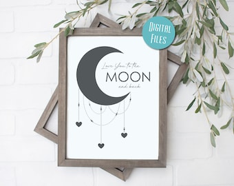 Love You to the Moon and Back INSTANT DOWNLOAD PRINTABLE, Wall art, printable quote, Bedroom wall decor, jpg print