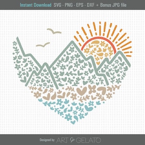Montañas Corazón Svg, Montañas Florals Svg, Montaña Svg, Montañas Escena SVG, Camping Love Svg, Al aire libre Camisa Svg, Montañas de Aventura Svg