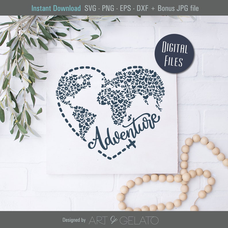 May include: A digital download of a design featuring a world map made of hearts and the word "Adventure" with a small airplane icon. The design is in a heart shape with a dashed line around it. The design is in shades of blue on a white background.