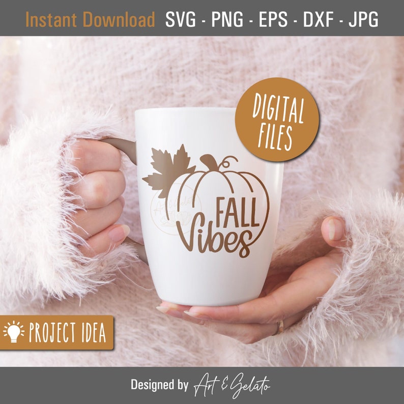 May include: A white ceramic mug with a brown outline of a pumpkin and a leaf, and the text "Fall Vibes".