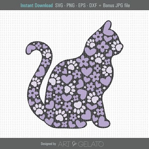 Floral Cat SVG, Cat Silhouette Svg, Paws Hearts and Flowers Cat Svg, Cat Mom Shirt, Cat with Flowers Svg, Cat Love Svg, Cat Svg, Cut Files