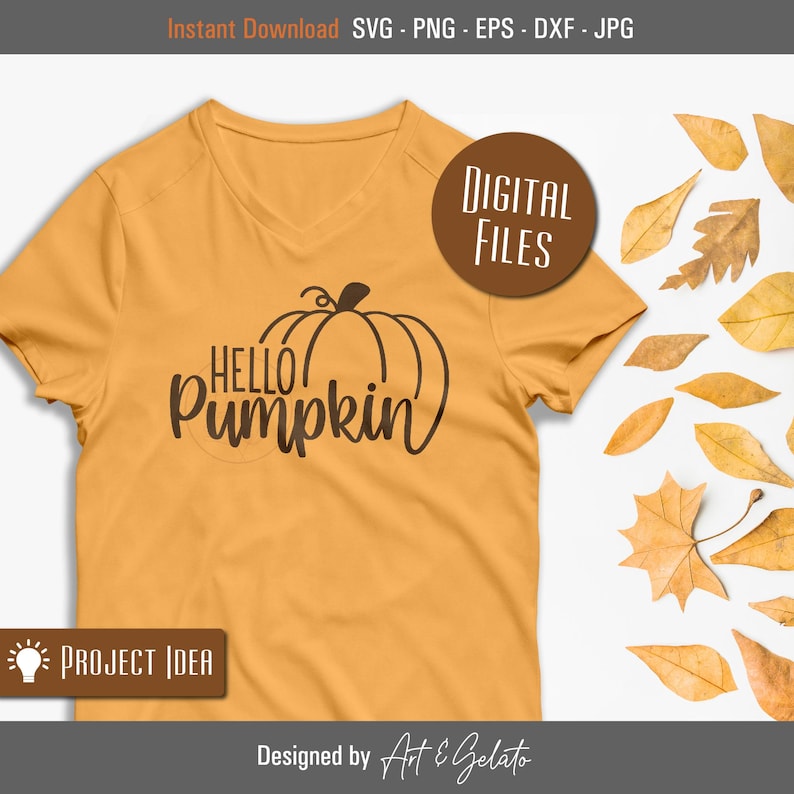 May include: A digital design featuring a pumpkin with the text "Hello Pumpkin" in a brown font on a yellow t-shirt. The design is surrounded by fall leaves.