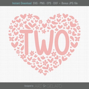 Twee SVG, 2e verjaardag Svg, tweede verjaardag Svg, bloemenhart Svg, verjaardagsshirt Svg, babymeisje verjaardag, twee jaar oud, instant download