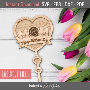 Estaca MOM SVG, Estaca Feliz Dia das Mães SVG, Arquivo Laser Multicamadas, Estaca Mom Heart Plant, Estaca Mom Rose Heart Corte a Laser, Arquivo Glowforge
