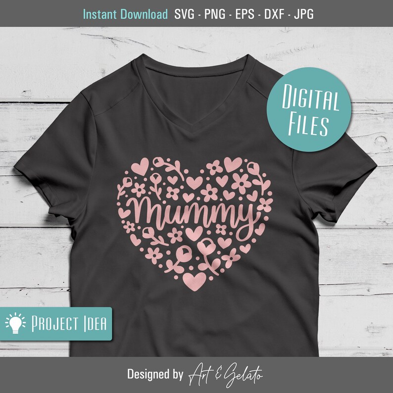 May include: A dark gray t-shirt with a pink heart design featuring the word "Mummy" surrounded by flowers and leaves. The design is perfect for a mother's day gift.