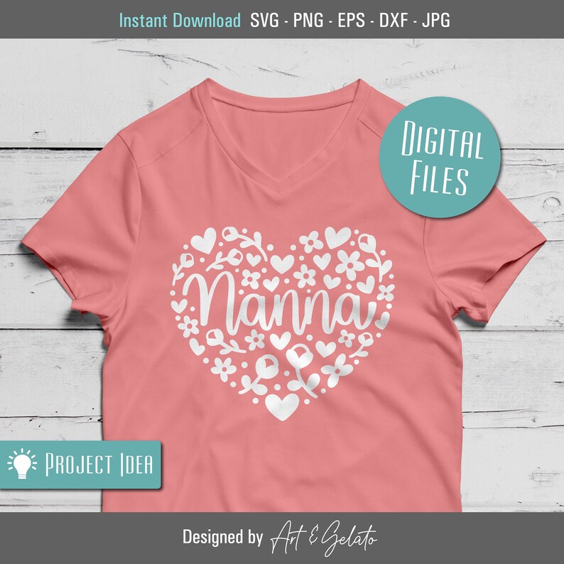 May include: A pink t-shirt with a white heart design featuring the word "Nanna" surrounded by flowers and hearts.