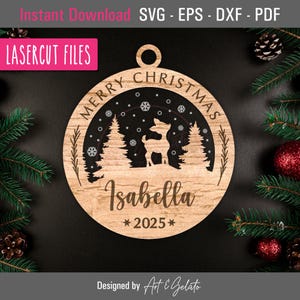 Merry Christmas 2025 baby herten ornament SVG, kerst ornament SVG, sneeuw baby herten SVG, Glowforge laserbestand, hout acryl laserbestand 2025