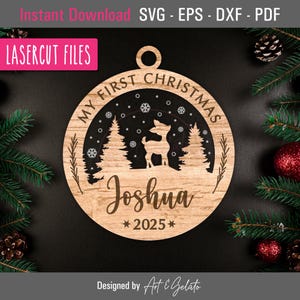 Mijn eerste kerst 2025 winterhert ornament SVG, kerstornament SVG, sneeuwherten scène SVG, Glowforge-bestand, meerlaagse lasergesneden