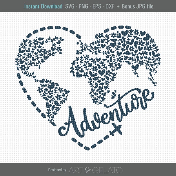 Adventure SVG, Adventure Awaits Svg, Adventure Heart Svg, Travel Svg, Globe Svg, Love to Travel Svg, Floral World Svg, World Travel Svg