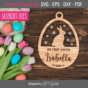 Etiqueta SVG para mi primer huevo de Pascua 2025, etiqueta SVG para cesta de Pascua, SVG cortado con láser para Pascua, etiqueta para cortar y grabar, archivo láser multicapa, archivo Glowforge