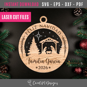 Feliz Navidad Nativity 2026 SVG, Christmas Ornament SVG, Laser Cut File SVG, Layered Laser File, Nativity Ornament 2026, Spanish Family Gift