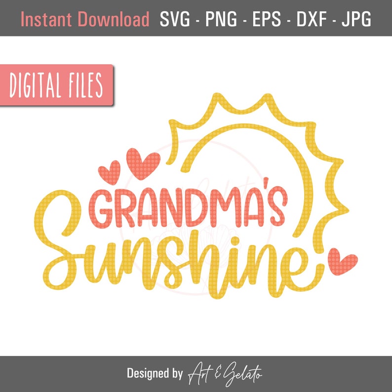 May include: A digital design featuring a yellow sun with a pink heart and the text "Grandma's Sunshine".