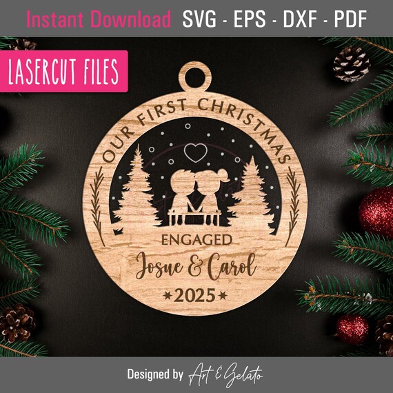 Our First Christmas Engaged 2025 Ornament SVG, Christmas Ornament SVG, Glowforge Laser Cut File SVG, Wood and Acrylic Laser Cut File