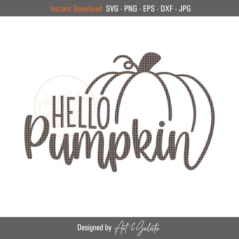 May include: A brown and white patterned pumpkin with the text "Hello Pumpkin" in a stylized font.
