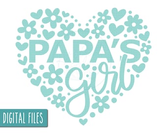Könnte beinhalten: Ein hellblaues herzförmiges Design mit dem Text "PAPA'S girl" im Inneren. Das Herz ist mit kleinen weißen Blumen und Herzen gefüllt.