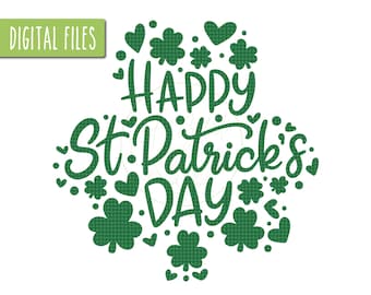 May include: Green shamrock design with the text "HAPPY St. Patrick's DAY" in a green, cursive font. The shamrock is made up of small green hearts and four-leaf clovers.