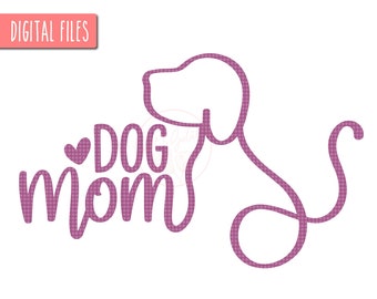 May include: Pink and white digital design featuring a stylized outline of a dog with the text "DOG mom" in a pink and white checkered pattern.