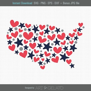 USA Karte SVG, USA Svg, Gedenktag Svg, Sterne und Herzen Amerika Svg, Amerika Svg, rot und blau Karte, 4. Juli Svg, patriotische Shirt Svg