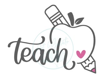May include: A black and white graphic design featuring the word "teach" in a script font. An apple with a pencil is incorporated into the design, with a pink heart. The design is for instant download.