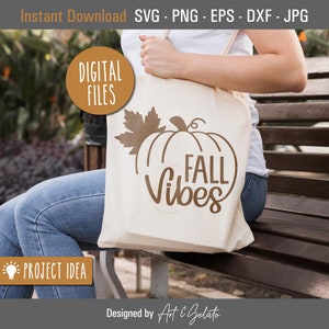May include: A white tote bag with a brown outline of a pumpkin and a leaf, and the text "Fall Vibes".