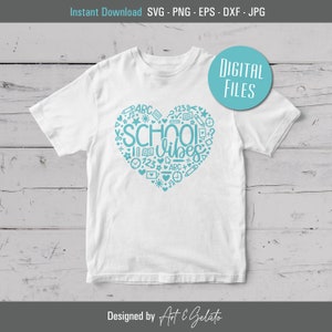 May include: A white t-shirt with a teal blue heart design. The heart is filled with school-themed icons and the text "School Vibes".