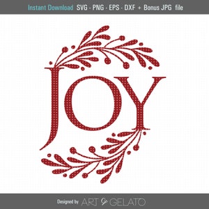 Op de afbeelding: Rode "JOY" tekst met een gestippeld patroon omringd door een krans van rode bladeren en bessen.