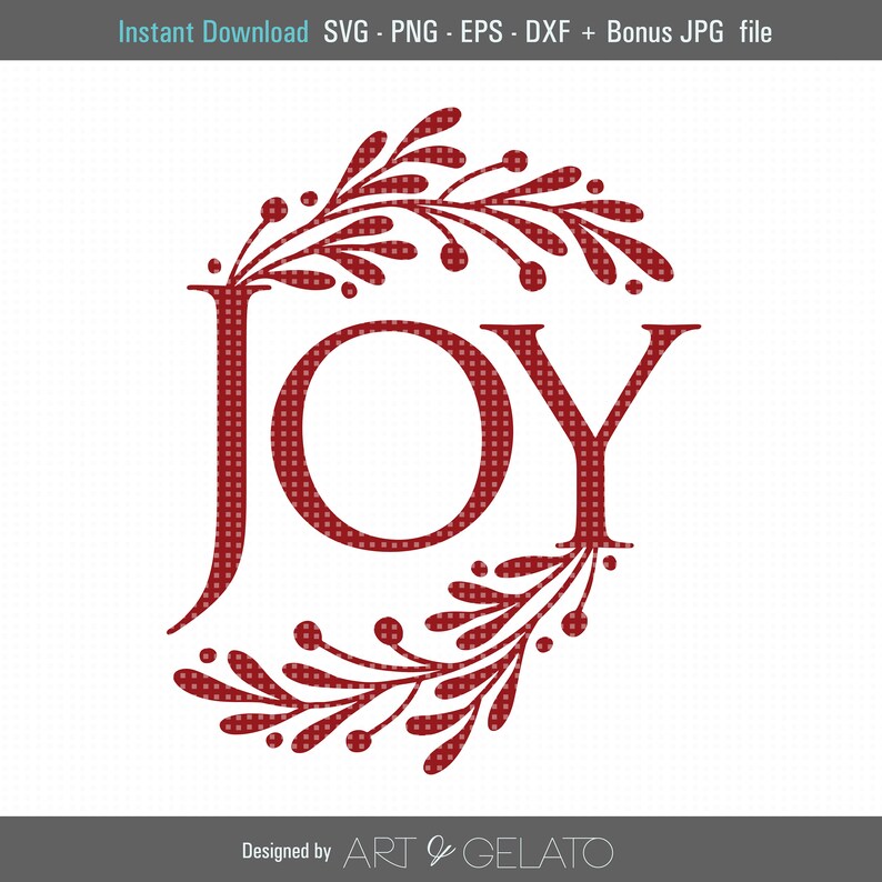 Op de afbeelding: Rode "JOY" tekst met een gestippeld patroon omringd door een krans van rode bladeren en bessen.