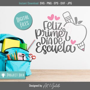 May include: A blue backpack with school supplies, including pencils, a calculator, and a magnifying glass. The background is a white wall with a gray pencil and apple design and the text "Feliz primer Dia de Escuela" in gray.