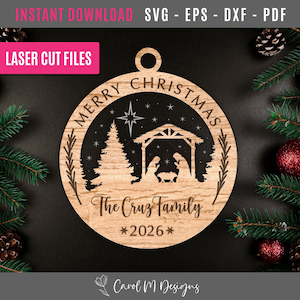 Buon Natale Natività 2026 SVG, Ornamento natalizio SVG, File tagliato al laser SVG, File tagliato al laser a doppio strato, Ornamento Sacra Famiglia 2026