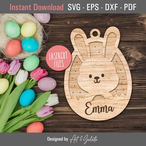 Etiqueta de Páscoa de orelhas de coelho SVG, etiqueta de cesta de Páscoa, corte a laser de Páscoa Svg, coelhinho da Páscoa Svg, arquivo de laser multicamadas, arquivo Glowforge, etiqueta de nome DIY
