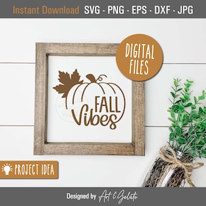 May include: A digital download of a brown pumpkin with a leaf and the text "Fall Vibes" in a white frame. The image is on a white background with a small plant in a glass jar.