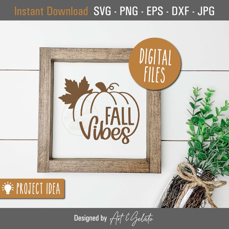 May include: A digital download of a brown pumpkin with a leaf and the text "Fall Vibes" in a white frame. The image is on a white background with a small plant in a glass jar.