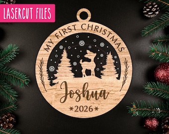 My First Christmas 2026 Winter Deer Ornament SVG, Christmas Ornament SVG, Snow Deer Scene SVG, Glowforge File, Multi-Layer Laser Cut