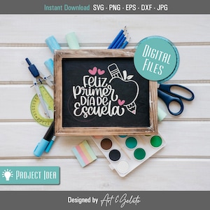 May include: A chalkboard with the text "Feliz primer dia de escuela" in pink and white lettering. The chalkboard is surrounded by school supplies, including pencils, crayons, a compass, scissors, and a paint palette.