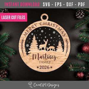 Adorno de ciervo de invierno (SVG) para Feliz Navidad 2026, Adorno navideño (SVG), Escena de ciervo nevado (SVG), Archivo láser Glowforge, Archivo láser para madera y acrílico