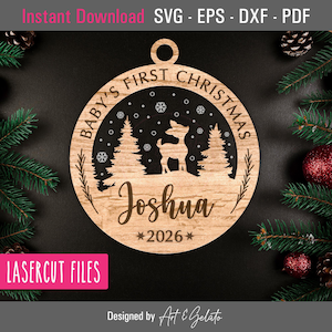 Baby's First Christmas 2026 Winter Deer Ornament SVG, Christmas Ornament SVG, Snow Deer Scene SVG, Glowforge File, Multi-Layer Laser Cut