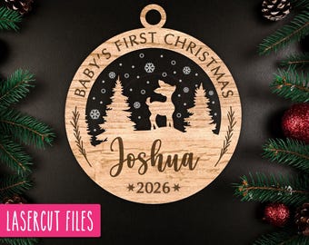 Baby's First Christmas 2026 Winter Deer Ornament SVG, Christmas Ornament SVG, Snow Deer Scene SVG, Glowforge File, Multi-Layer Laser Cut