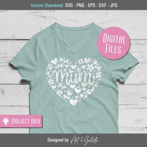 May include: A light blue t-shirt with a white heart design. The heart is filled with small white flowers, leaves, and hearts. The word "mum" is written in a white cursive font inside the heart.