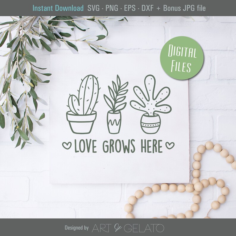 May include: A digital download of a black and white line drawing of three potted plants with the text "LOVE GROWS HERE" in a heart shape. The image is on a white background.
